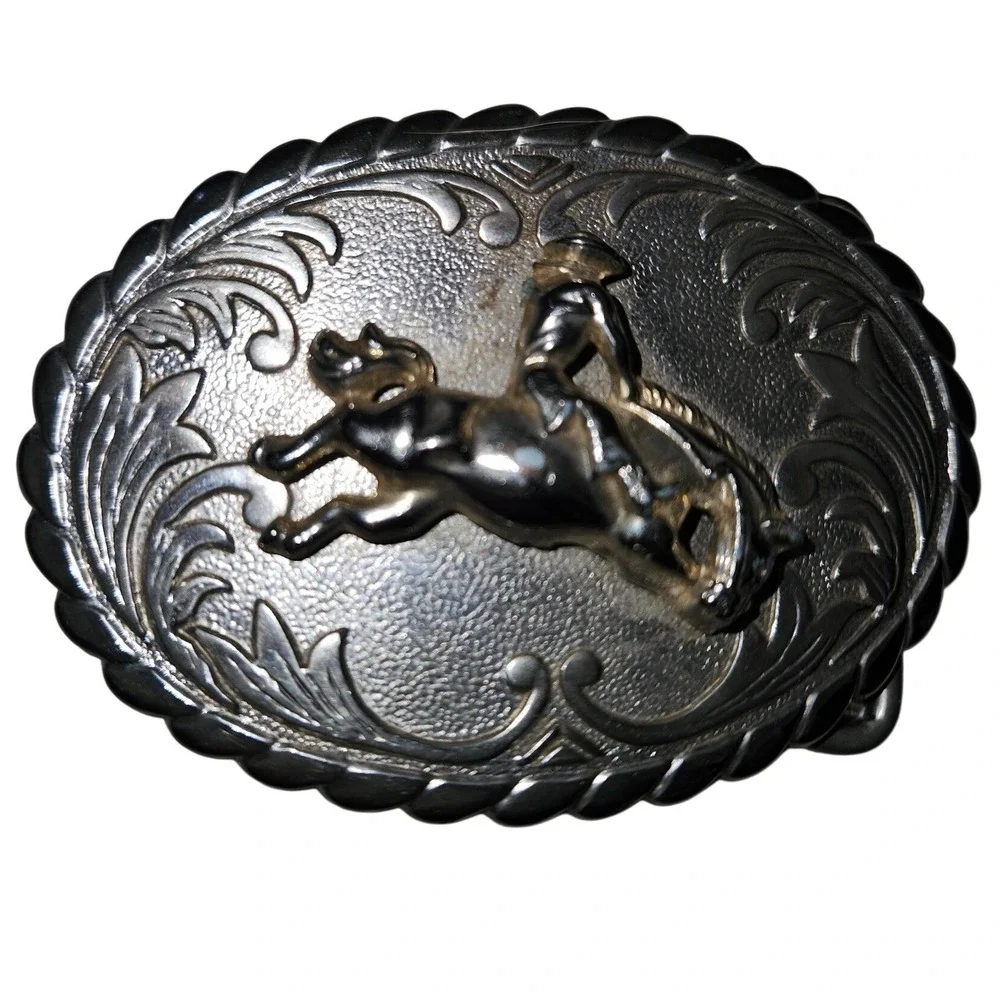 Vintage Western Bronco Rider Belt Buckle Two Tone Silver Gold Oval Floral Scroll
